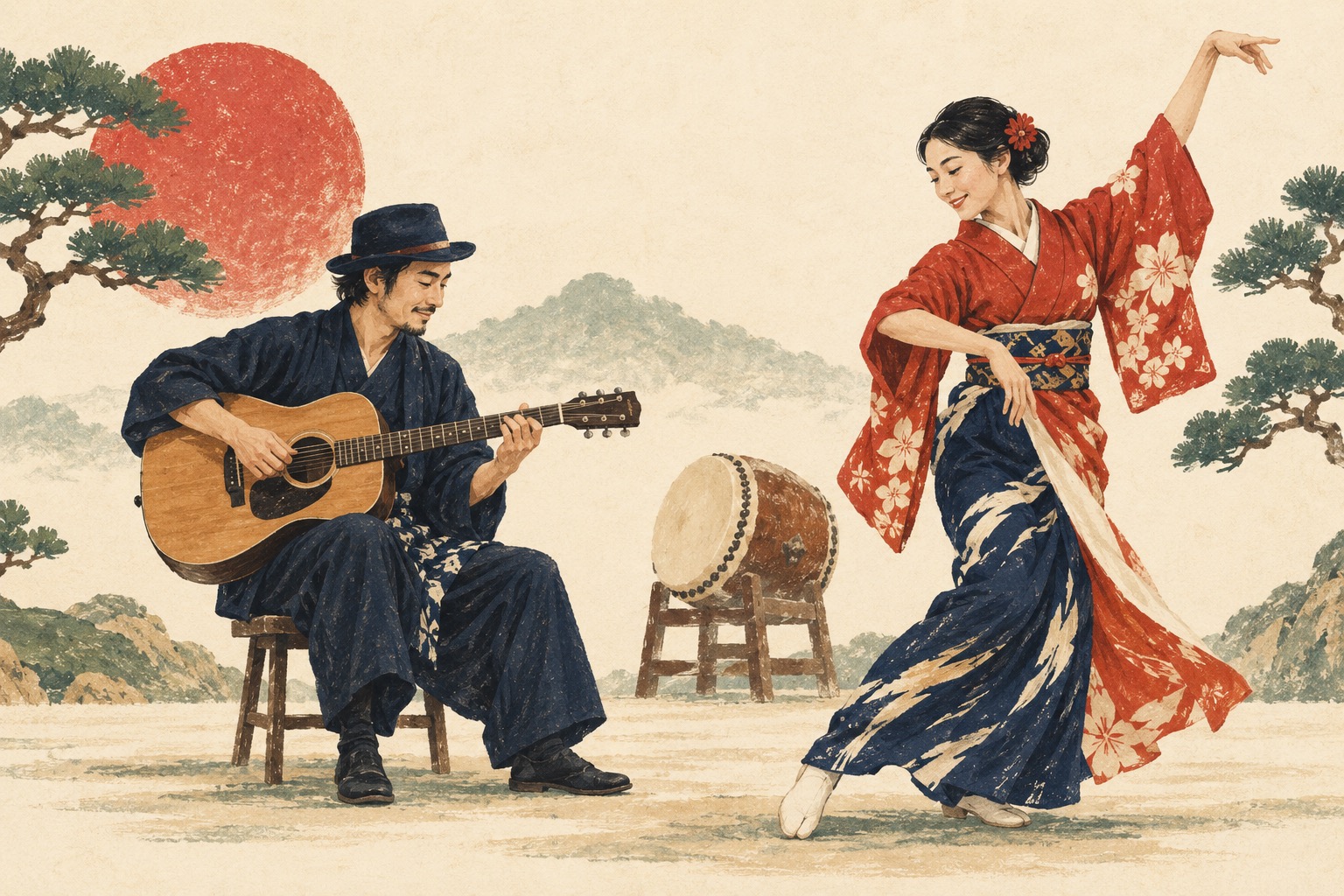 ギターの演奏と踊りを披露する出演者
